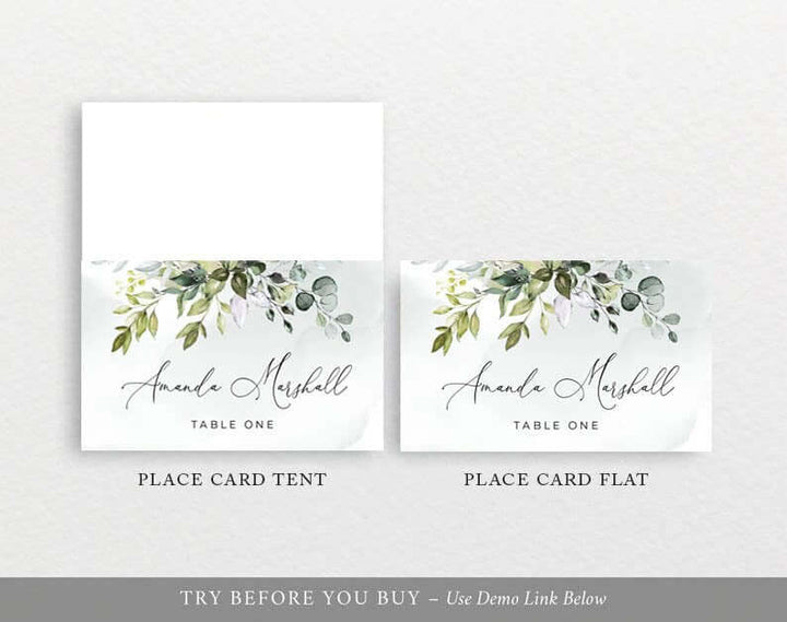 Wedding Place Card Template, Place Card Printable, Eucalyptus Watercolor Greenery Leaves, Editable Placecards, Templett, #GR1