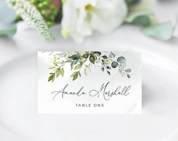 Wedding Place Card Template, Place Card Printable, Eucalyptus Watercolor Greenery Leaves, Editable Placecards, Templett, #GR1