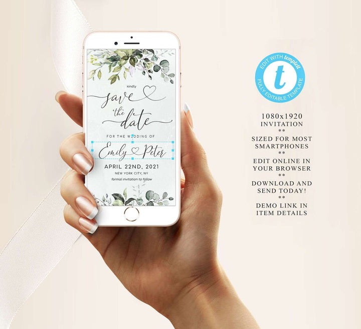 CHLOE - Save the Date Template Evite, Electronic Save the Date Floral Wreath, Wedding Save the Date Text Invite, Save the Date Electronic