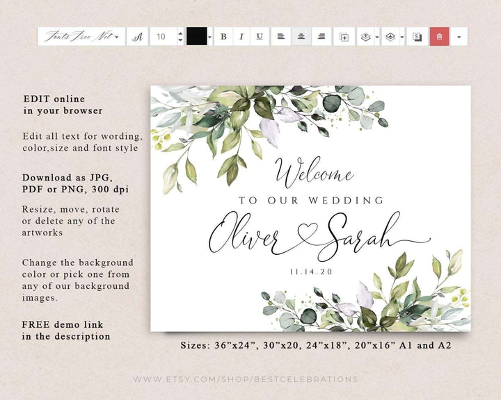 CHLOE - Editable Wedding Sign, Printable Wedding Welcome Sign, Greenery Welcome sign, Wedding Eucalyptus Sign, Wedding Template, YOU PRINT