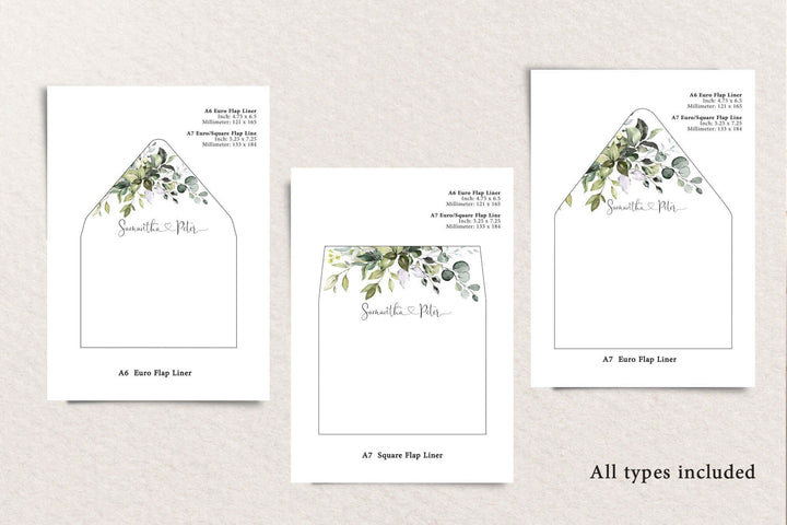 CHLOE - Printable Envelope Liner, A6 and A7 Euroflap & Square Flap Template with Botanical Eucalyptus Greenery, INSTANT DOWNLOAD, Printable