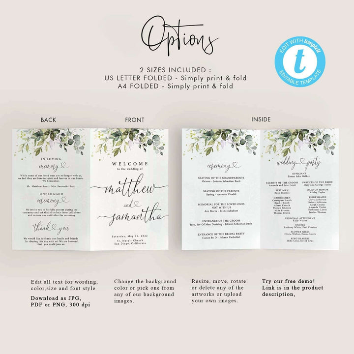 CHLOE - Wedding Program Template, Greenery Folded Wedding Program, Eucalypthus Wedding Program Booklet, Order of Service Program