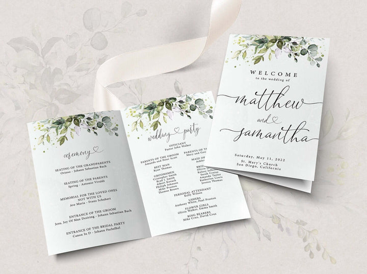 CHLOE - Wedding Program Template, Greenery Folded Wedding Program, Eucalypthus Wedding Program Booklet, Order of Service Program