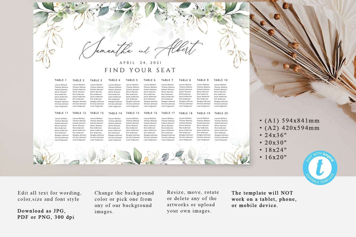 Greenery Seating Chart Template, Seating Chart Wedding, Table Seating Chart Template, Seating Chart Editable template, Templett #GR3