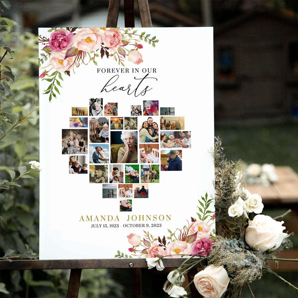 Funeral Heart Collage Template, Roses Funeral Photo Collage For Woman, Celebration of Life, In Loving Memorial Poster, # FNRL