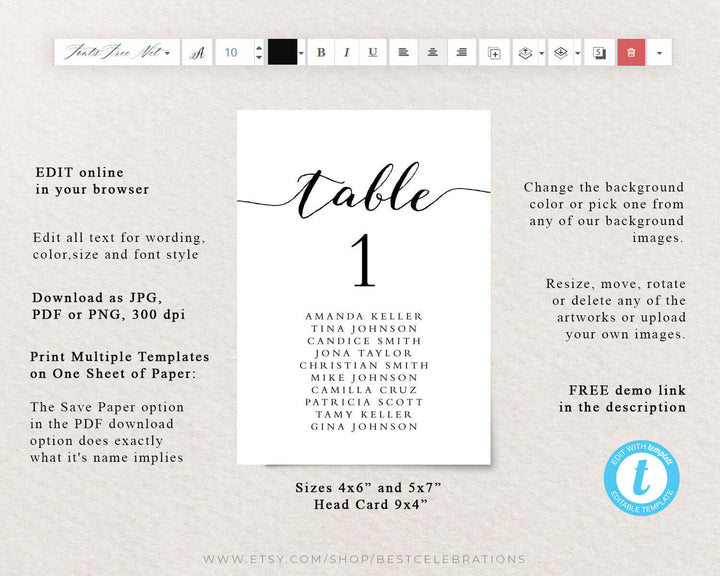 Editable Seating Chart Template, Wedding Seating Table Cards, Minimalist Seating Chart Cards, Table Number Seating Cards, Templett #BW1