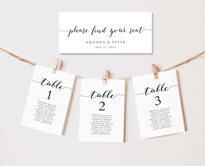 Editable Seating Chart Template, Wedding Seating Table Cards, Minimalist Seating Chart Cards, Table Number Seating Cards, Templett #BW1