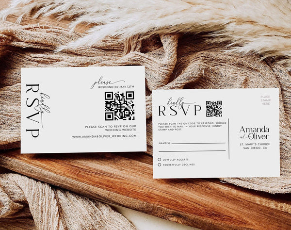 QR Code Wedding Rsvp Cards, Online Reply Card Template, Modern Minimalist, 100% Editable Text, Diy, Digital Download #MM2