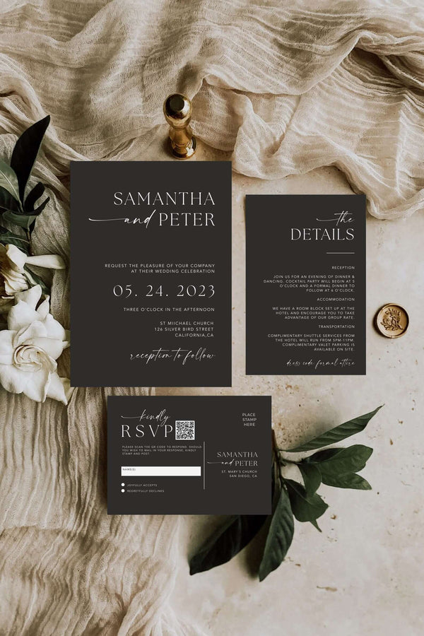 Black Wedding Invitation with QR Code, Minimal Wedding Invite Suite, Modern Invite, Simple Editable Invite Template, #MM2