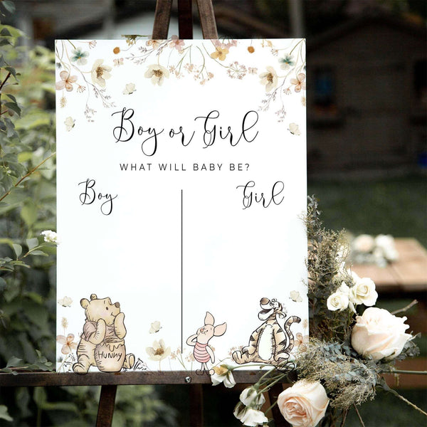 Winnie the Pooh-themed boy or girl baby shower sign with floral accents and charming character illustrations.