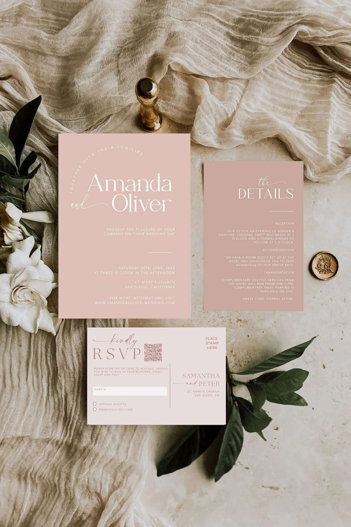 Dusty Pink Wedding Invitation with QR Code, Minimalist Wedding Invite Suite, Modern Minimal Bundle, Simple Editable Invite Template, #MM2