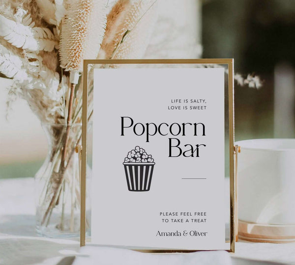 Minimalist Popcorn Bar Sign, Wedding Popcorn Table Sign, Editable Wedding Signage, TEMPLETT, Simple Editable Template, #MM2