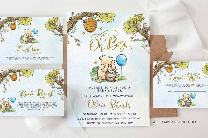 Winnie the Pooh Baby Shower Invitation, Oh Boy WinnieThe Pooh Invitation Bundle, Diaper Raffle, Book Request, Thank You Card, #BWP