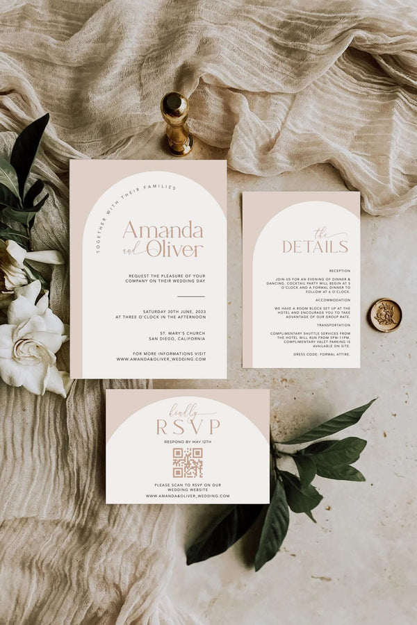 Arch Wedding Invites with QR Code, Minimalist Wedding Invite Suite, Modern Invite Bundle, Simple Editable Invite Template, #MM2