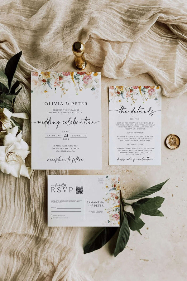 Floral Wedding Invitation Bundle with QR Code, Garden Flower Wedding Invite Suite, Rustic Invite, Editable Invitation Bundle Template, #GF