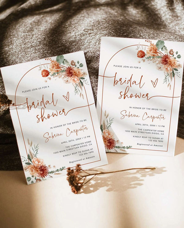 Boho Bridal Shower Template Card, Terracotta Bridal Invitation, Arch Template, Rustic Floral Fall Invitation #MARELLA