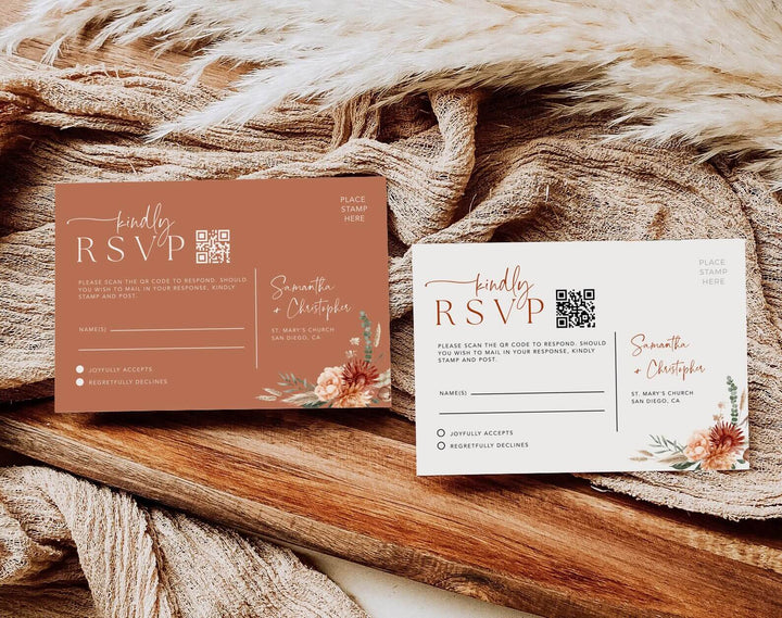 Terracotta Wedding Invitation With QR Code , Boho Floral Arch Invitation Bundle, Rustic Editable Wedding Template Deatails and Rsvp #MARELLA