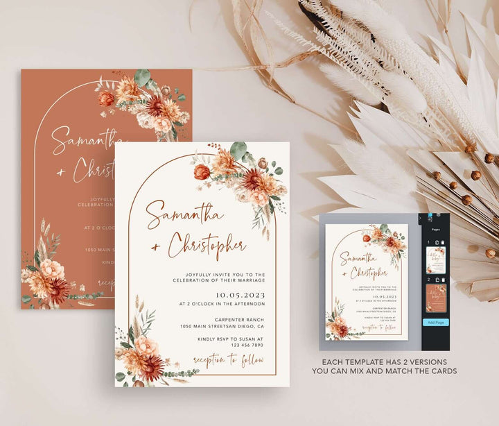 Terracotta Wedding Invitation With QR Code , Boho Floral Arch Invitation Bundle, Rustic Editable Wedding Template Deatails and Rsvp #MARELLA