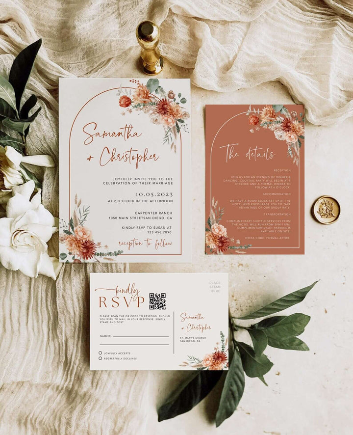 Terracotta Wedding Invitation With QR Code , Boho Floral Arch Invitation Bundle, Rustic Editable Wedding Template Deatails and Rsvp #MARELLA