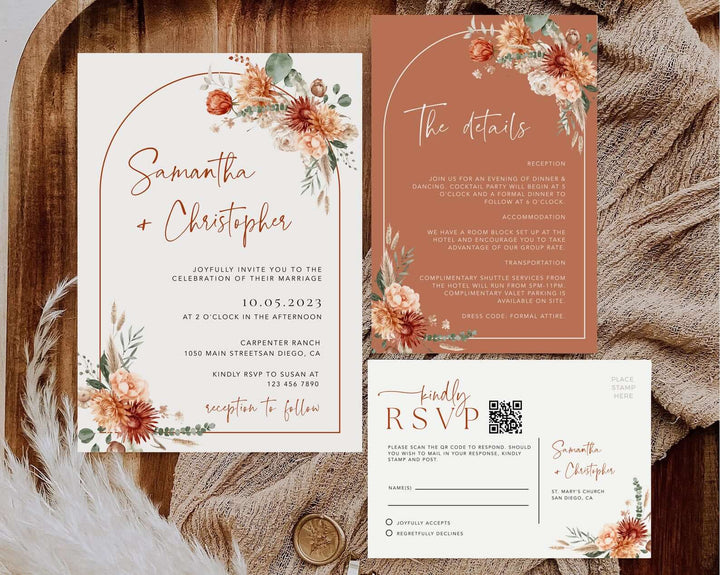 Terracotta Wedding Invitation With QR Code , Boho Floral Arch Invitation Bundle, Rustic Editable Wedding Template Deatails and Rsvp #MARELLA