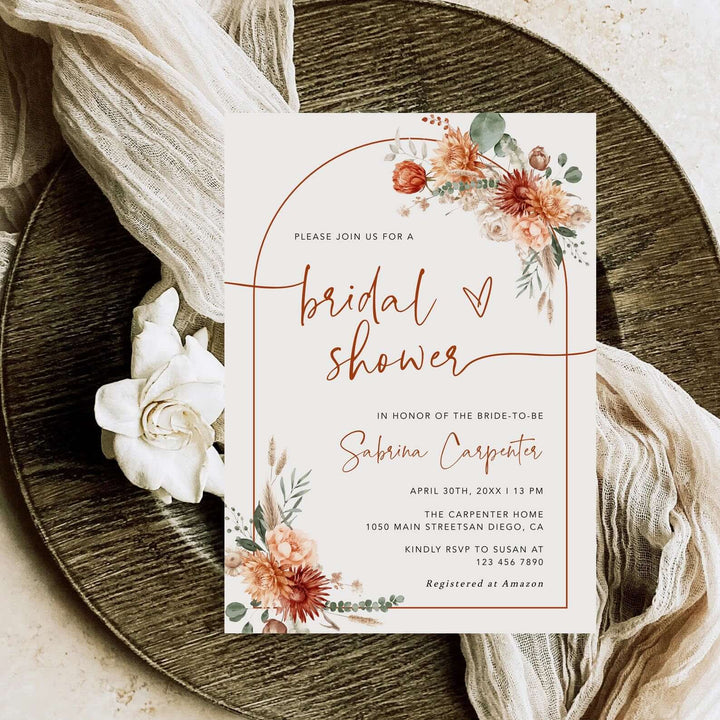 Boho Bridal Shower Template Card, Terracotta Bridal Invitation, Arch Template, Rustic Floral Fall Invitation #MARELLA