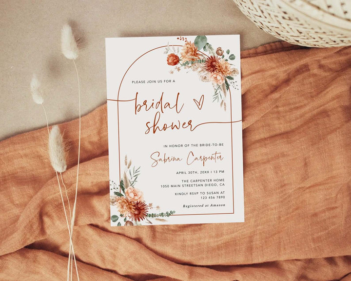 Boho Bridal Shower Template Card, Terracotta Bridal Invitation, Arch Template, Rustic Floral Fall Invitation #MARELLA