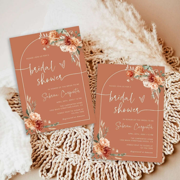 Boho Terracotta Bridal Shower Invitation, Editable Fall Invitation, Arch Template, Rustic Floral Invitation #MARELLA