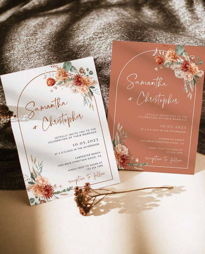 Terracotta Wedding Invitation With QR Code , Boho Floral Arch Invitation Bundle, Rustic Editable Wedding Template Deatails and Rsvp #MARELLA