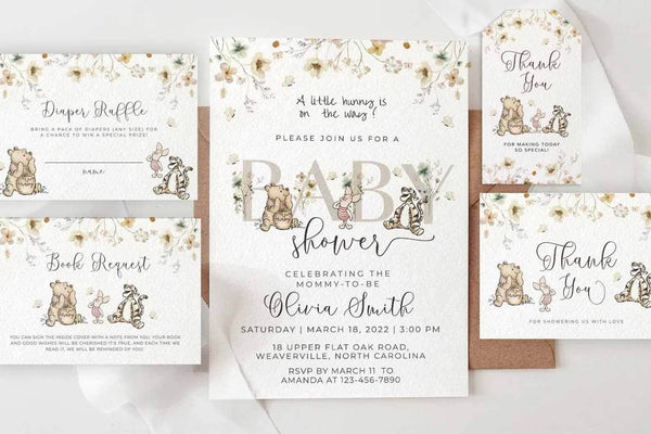 Winnie The Pooh gender-neutral baby shower invitation bundle with editable templates and floral design.