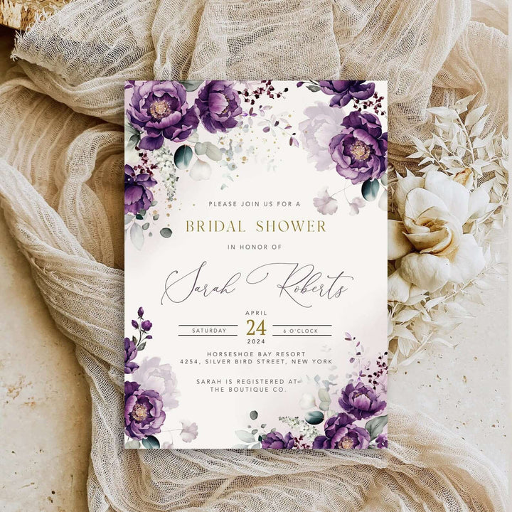 Purple Bridal Shower Template, Purple Peony Roses Template, EDITABLE Rustic Bridal Invitation, Lilac Floral Invitation #PPR