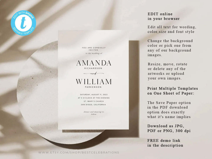 Minimalist Wedding Invitation Bundle, Simple Wedding Invite Suite, Modern Invite, Editable Invite Template, Details Card, Rsvp Card #MM2