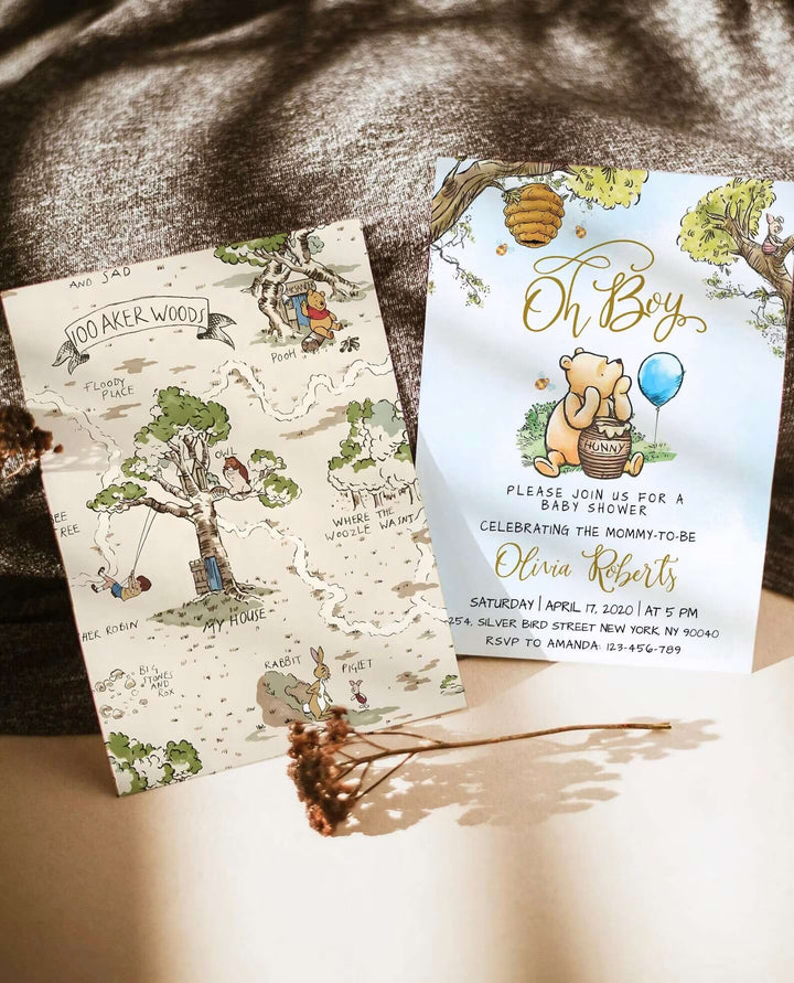 Winnie the Pooh Baby Shower Invitation, Oh Boy WinnieThe Pooh Invitation Bundle, Diaper Raffle, Book Request, Thank You Card, #BWP