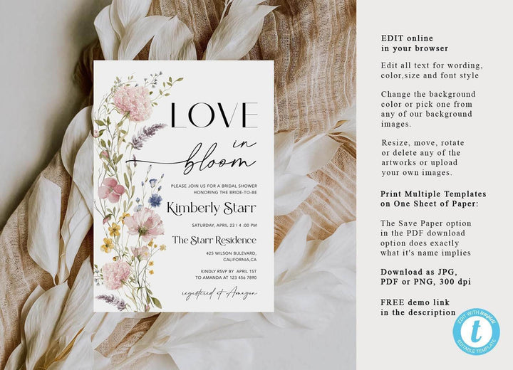 Love In Bloom Bridal Shower Invitation, Wildflower Bridal Shower Invite, Editable Bridal Shower Invitation, Pink Garden Flower Template PWFL