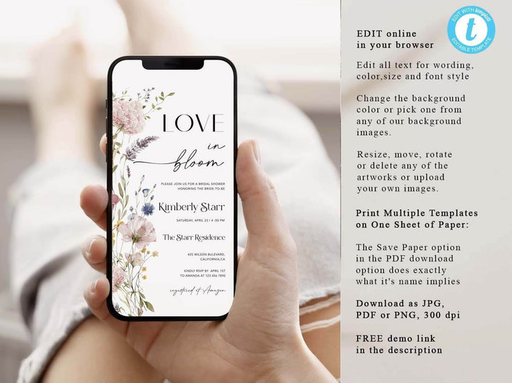 Wildflower Bridal Shower Invitation, Love In Bloom Evite, Editable Boho Bridal Shower Invitation, Bridal brunch Floral Template PWFL