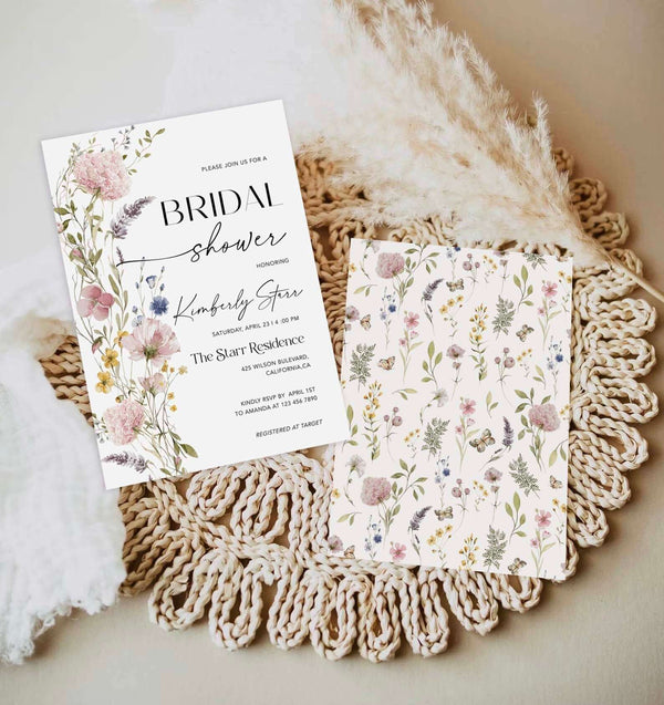 Wildflower Bridal Shower Invitation, Pink Garden flower Invite, Editable Boho Bridal Shower Invitation, Bridal brunch Floral Template PWFL