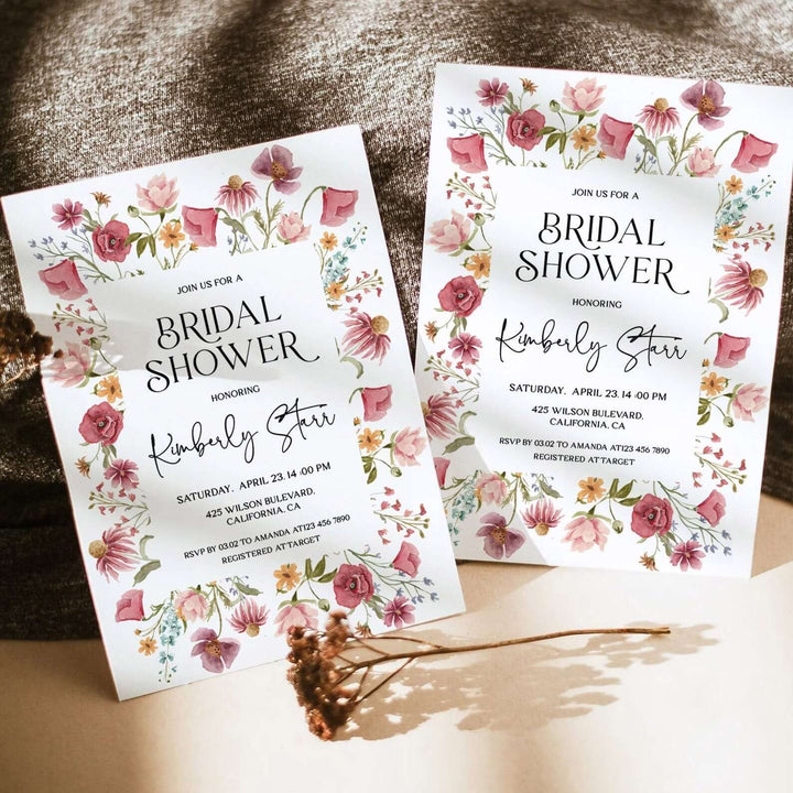 Wildflower Bridal Shower Invitation, Pink Flower Invite, Editable Boho Bridal Shower Invitation, Bridal Brunch Floral Template PFL