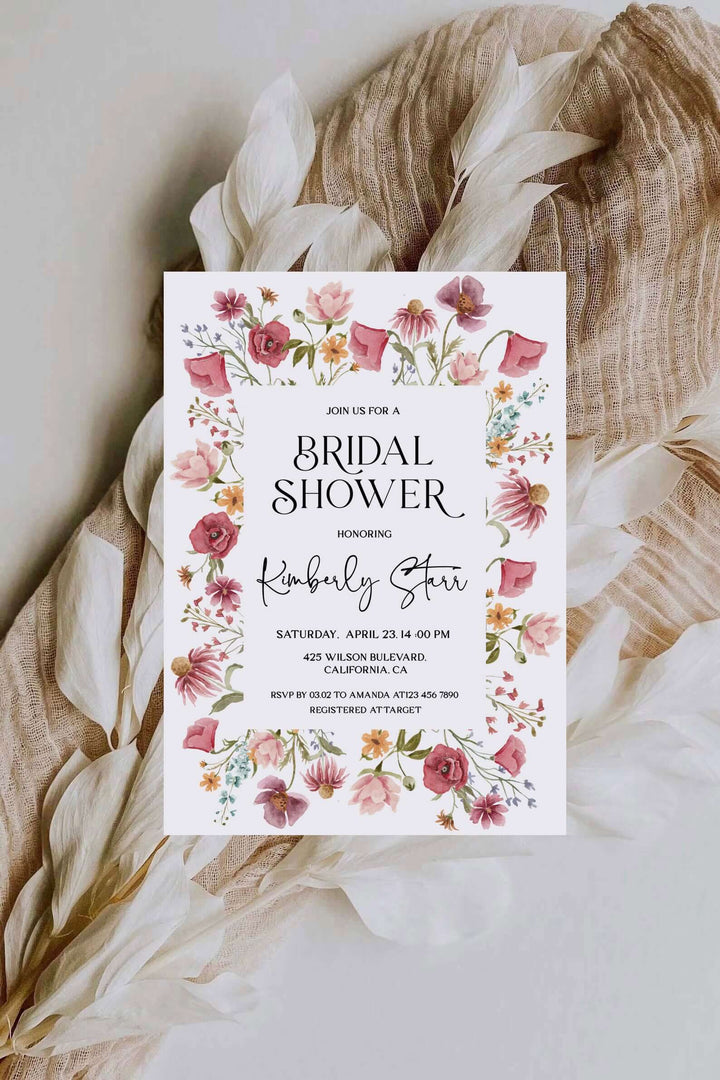 Wildflower Bridal Shower Invitation, Pink Flower Invite, Editable Boho Bridal Shower Invitation, Bridal Brunch Floral Template PFL