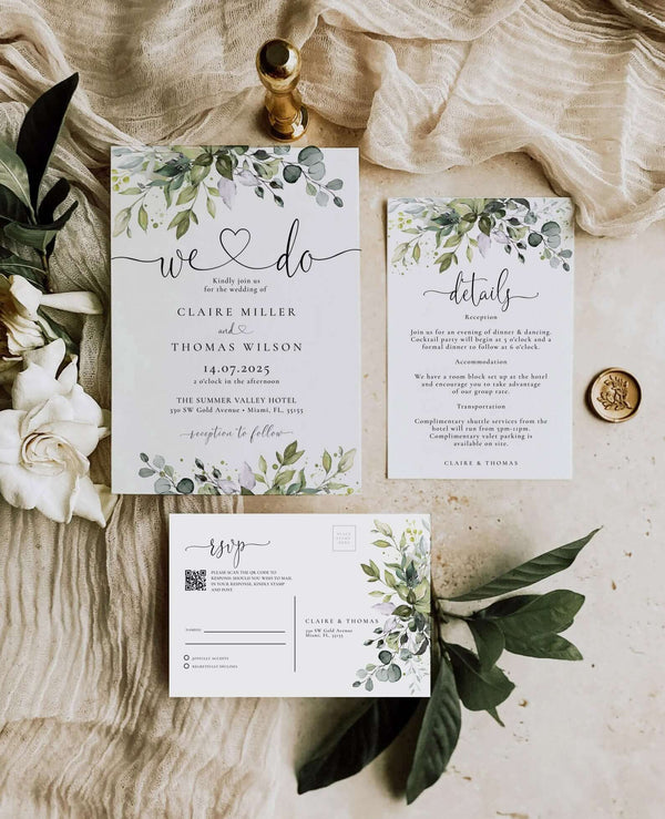 We Do Greenery Wedding Invitation Bundle, Wedding Eucalyptus Invitation Set, Editable Rustic Digital Template, We Do Wedding Invite CHLOE