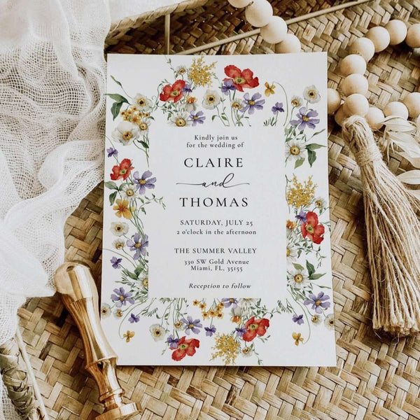 Wedding Invitation, Wildflower Wedding Invite 5x7", Summer Floral Invite, Boho Editable Invite Template, #SUMMER