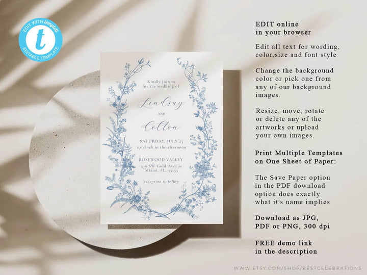 Blue Floral Wedding Invitation Bundle, Vintage Floral Wedding Set with QR Code, Editable Invitation Template, Botanical Wedding Suite, BV1