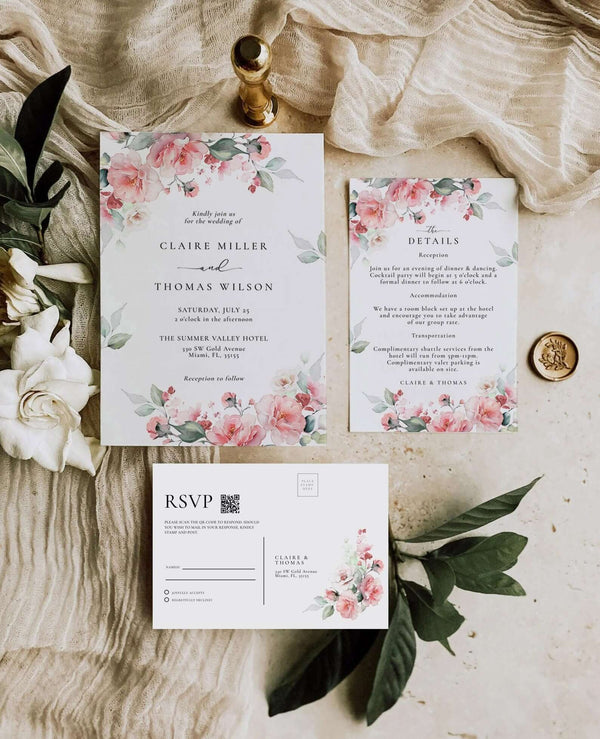 Blush Pink Wedding Invites with QR Code, Boho Floral Wedding Invite Suite, Soft Pink Roses and Peonies, Editable Invite Template, #SPR