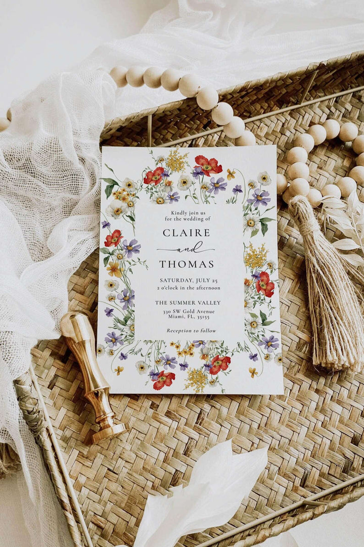 Wedding Invitation with QR Code, Wildflower Wedding Invite Suite, Summer Floral Invite, Boho Editable Invite Template, #SUMMER