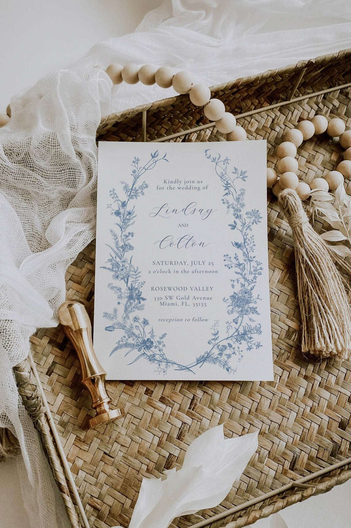 Blue Floral Wedding Invitation Bundle, Vintage Floral Wedding Set with QR Code, Editable Invitation Template, Botanical Wedding Suite, BV1