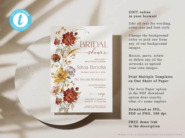 Bridal Shower Invitation, Fall Bridal Shower Invite, Editable Wildflower Bridal Shower Invitation, Bridal brunch Floral Template, FALL