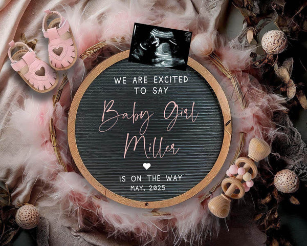 Girl Pregnancy Announcement, Boho Digital Baby Announcement, Gender Reveal for Social Media, Facebook, Instagram Post CANVA file #PA