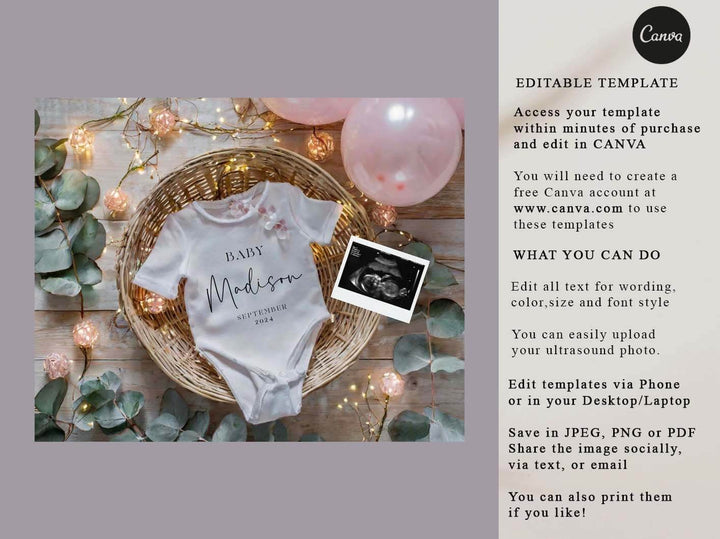 Neutral Pregnancy Announcement, Digital Baby Announcement, Balloons, Eucalypth Pregnancy,For Social Media Facebook Instagram Post CANVA #PA