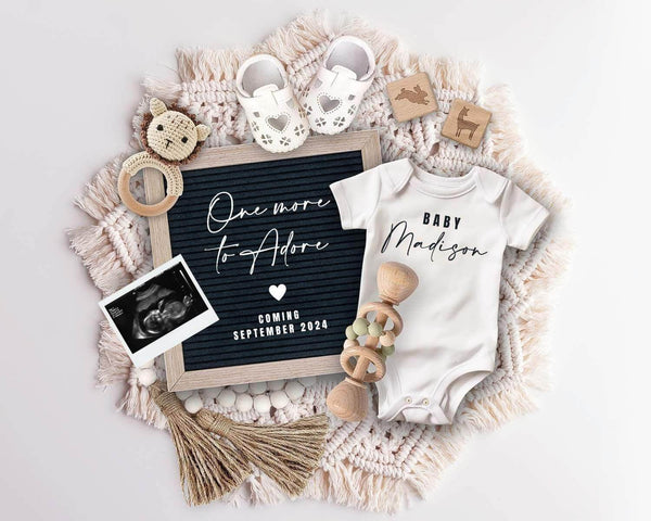 One more to Adore Baby Pregnancy Announcement, Editable Gender Neutral Baby Announcement for Social Media, Facebook, Instagram, CANVA #PA