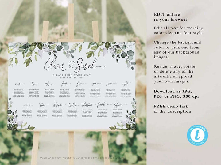 Wedding Seating Chart Template, Printable Seating Plan, 100% Editable, Modern Calligraphy Wedding Sign, CHLOE